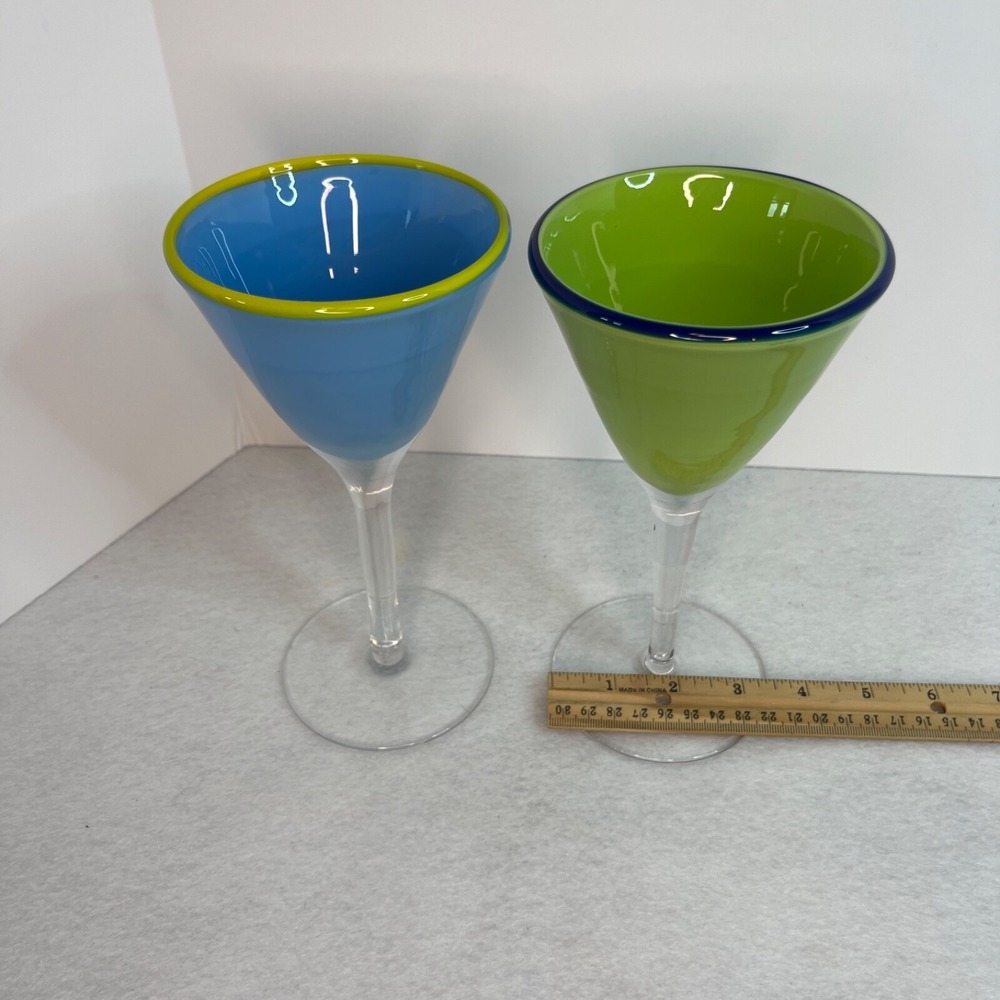 Margarita Martini Cocktail Blown Glass Base Rim Blue and Green Set of 2 - Picture 11 of 12